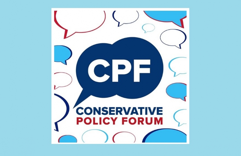 The CPF Logo which is the words the CPF and the words 'Conservative Policy Forum' surrounded by speech bubbles