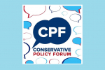 The CPF Logo which is the words the CPF and the words 'Conservative Policy Forum' surrounded by speech bubbles