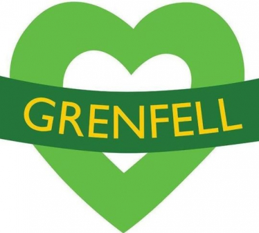 Image shows a green heart with a green banner across it, in yellow writing it reads GrenFell